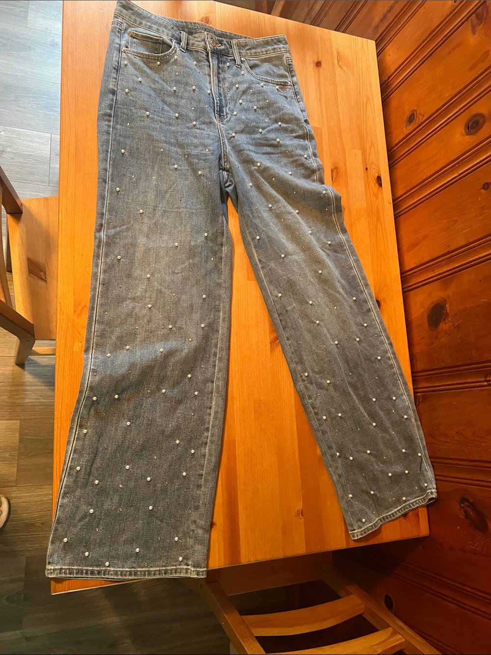 Blue Pearl-Embellished Wide Leg Women's Jeans